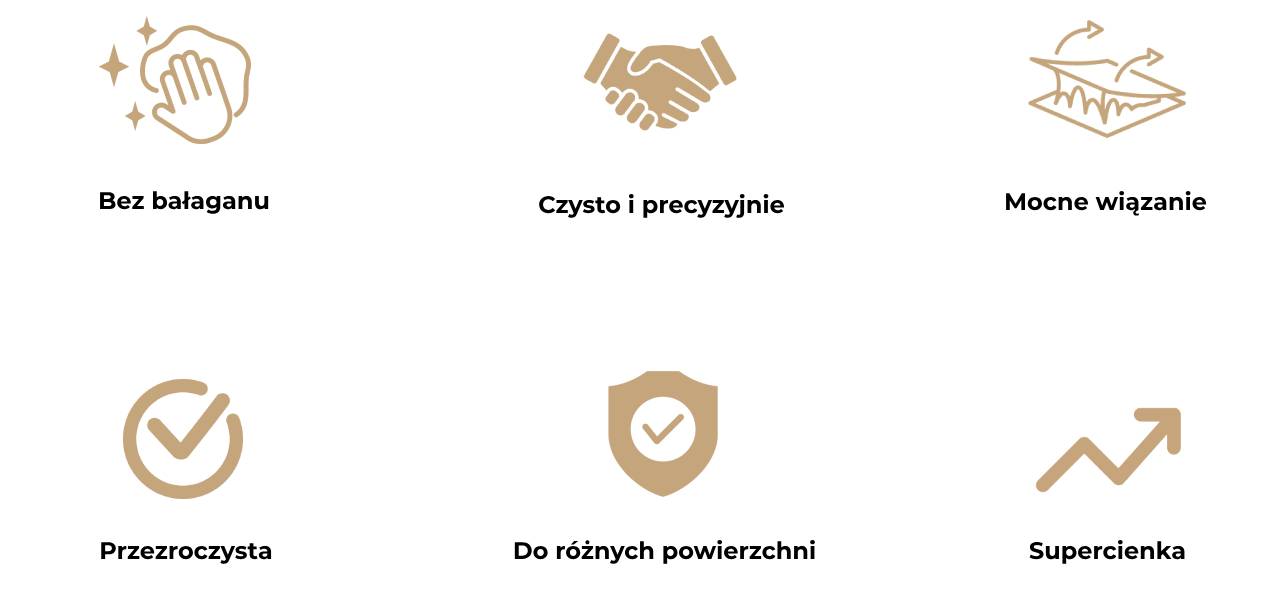Obraz
            przedstawia psześć ikon opisujących zalety błony klejowej do korka naturalnego.